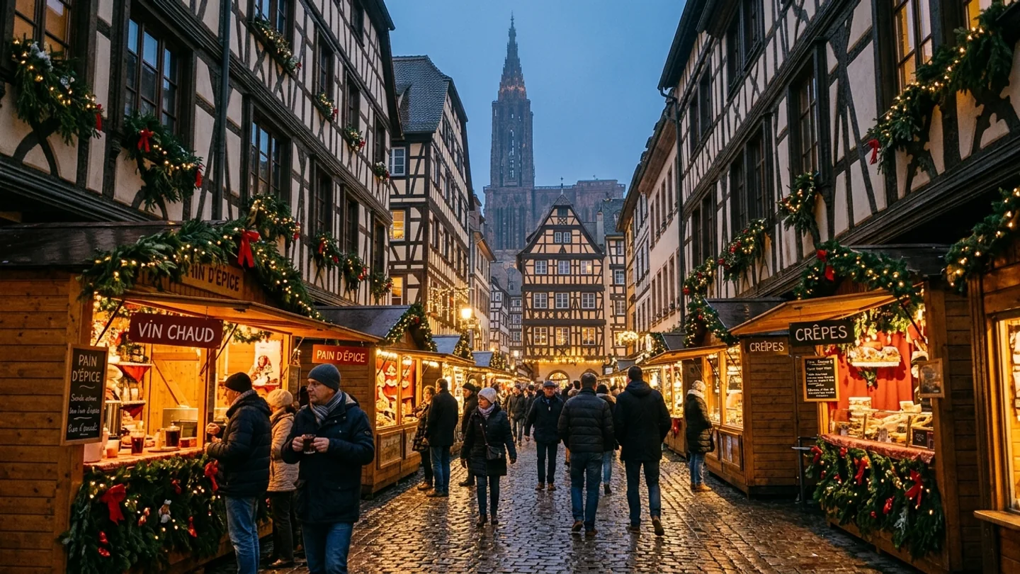 Ruelle historique de Strasbourg à l’heure bleue avec chalets en bois traditionnels, façades à colombages illuminées et la flèche de la cathédrale en fond