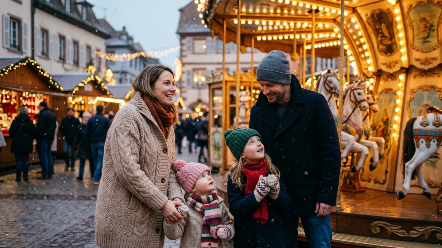 Famille avec jeunes enfants emmitouflés dans des écharpes de laine, émerveillés devant un carrousel en bois rétro sur un marché de Noël