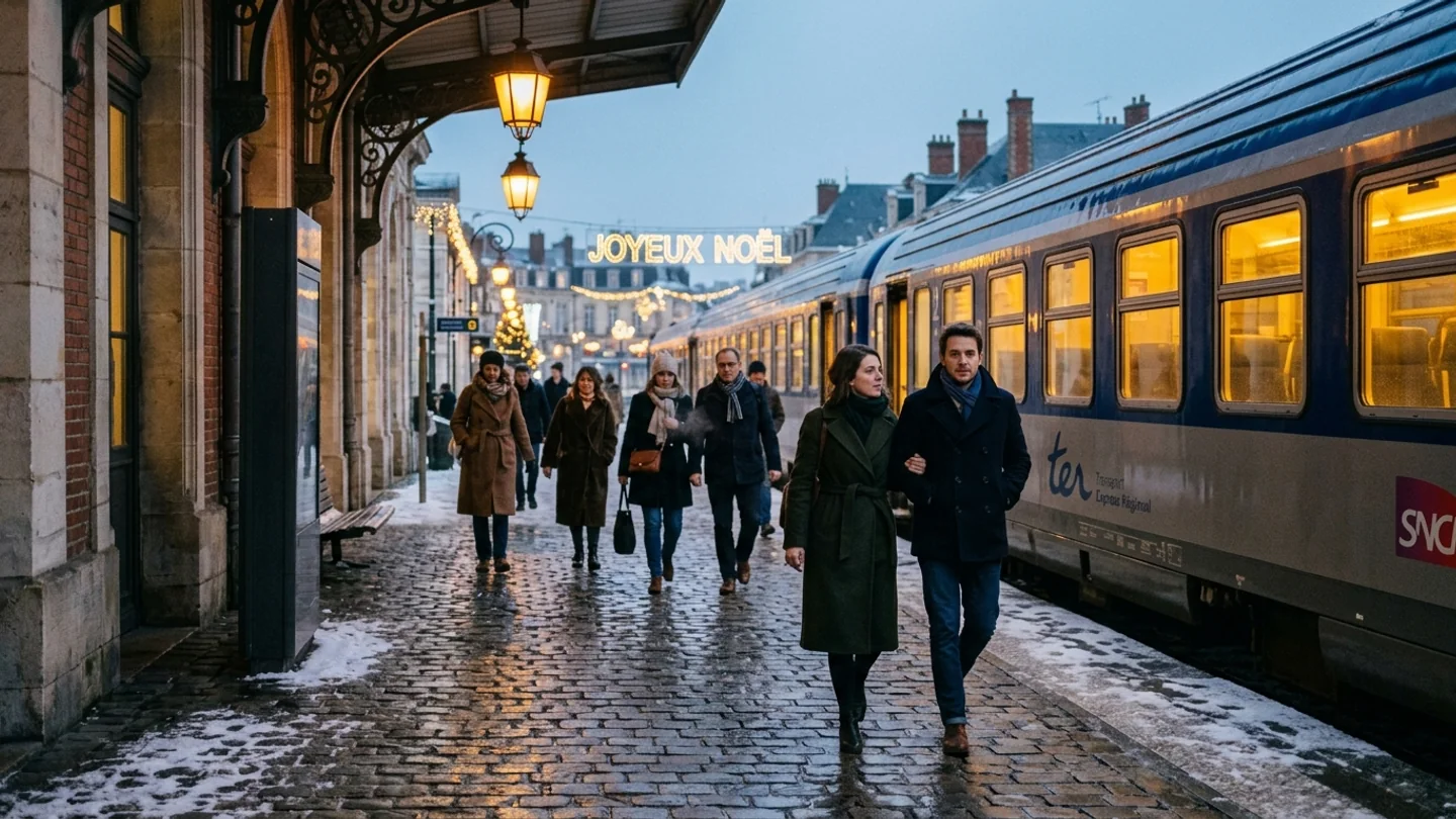 Quai pavé d’une gare ferroviaire française au crépuscule d’hiver, train régional aux fenêtres illuminées et voyageurs en manteaux de laine