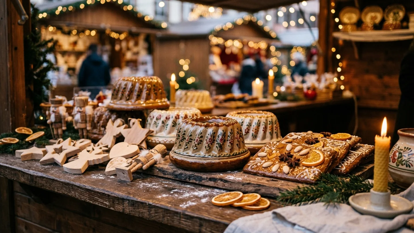 Étal d’artisanat d’art présentant moules à kouglof en terre vernissée, décorations de Noël en bois sculpté et pains d’épices aux épices fines
