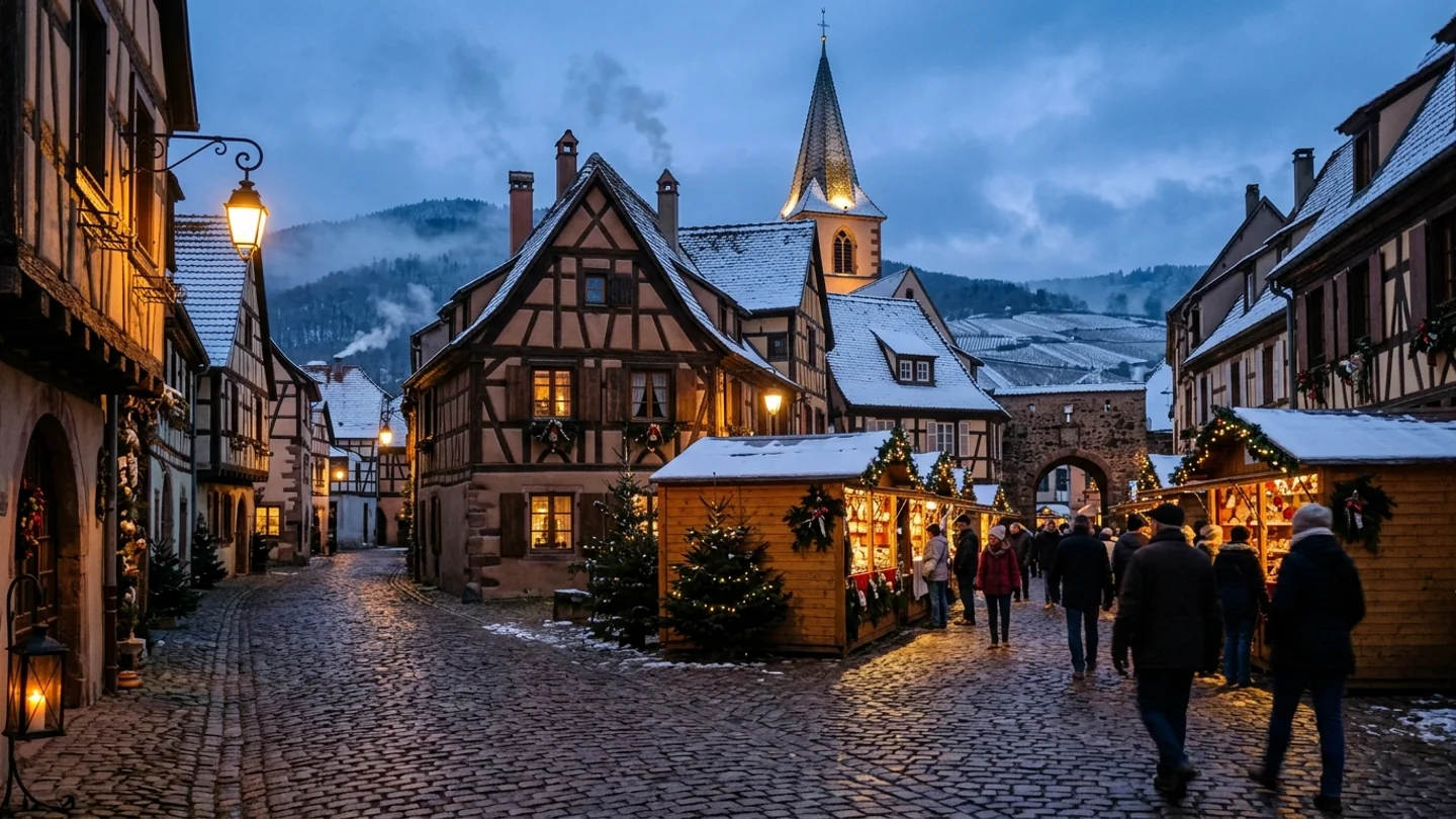 Place pavée d’un village médiéval alsacien sous la neige au crépuscule, chalets d’artisanat en bois et coteaux de vignobles à l’arrière-plan